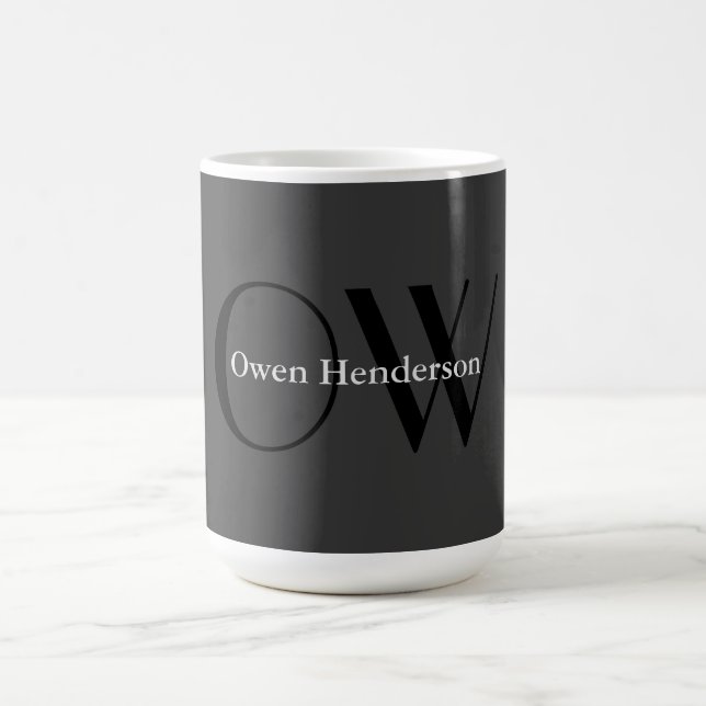 Stylish Unique Grey Black Monogram Coffee Mug (Center)