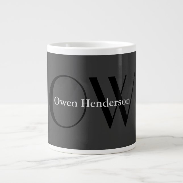 Stylish Unique Grey Black Monogram Large Coffee Mug (Front)