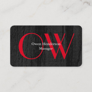 Stylish Unique Grey Wood Bold Red Text Monogram Business Card