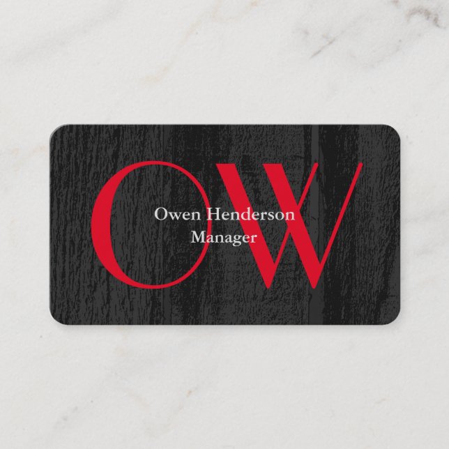 Stylish Unique Grey Wood Bold Red Text Monogram Business Card (Front)