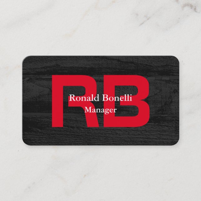 Stylish Unique Grey Wood Red Monogram Manager Business Card (Front)