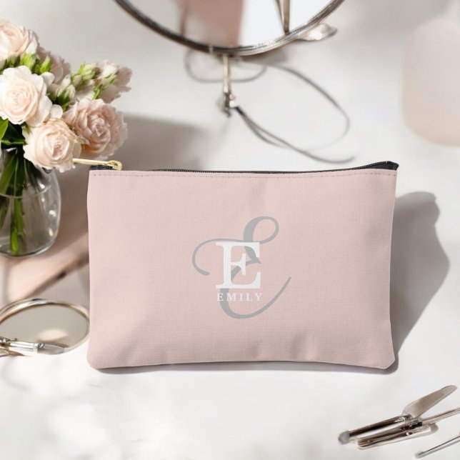 Stylish Unique Monogram Typography Blush Pink Accessory Pouch (Personalize with your name and monogram initial.)