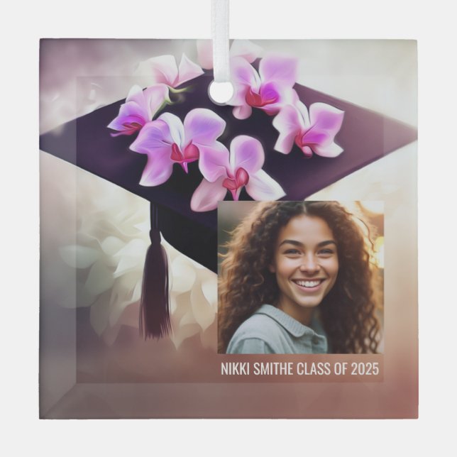 Stylish Unique Orchids Graduation Glass Tree Decoration (Front)