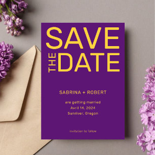 Stylish Unique Purple & Yellow Typography Wedding Save The Date