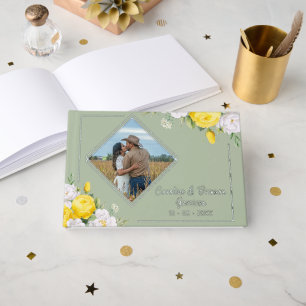 Stylish Unique Yellow White Roses Floral Gold Guest Book