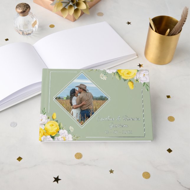 Stylish Unique Yellow White Roses Floral Gold Guest Book (Front Open)