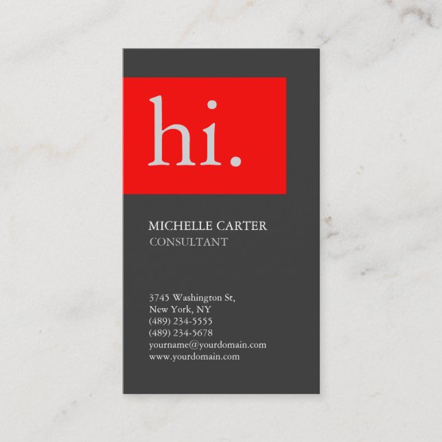 Stylish Vertical Elegant Plain Grey Red Chic Hello Business Card (Front)