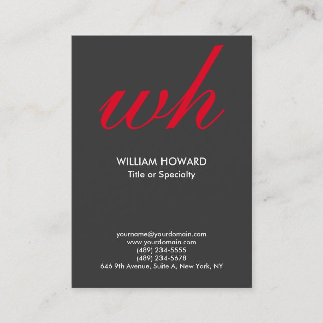 Stylish Vertical Modern Monogram Grey Red Business Card (Front)