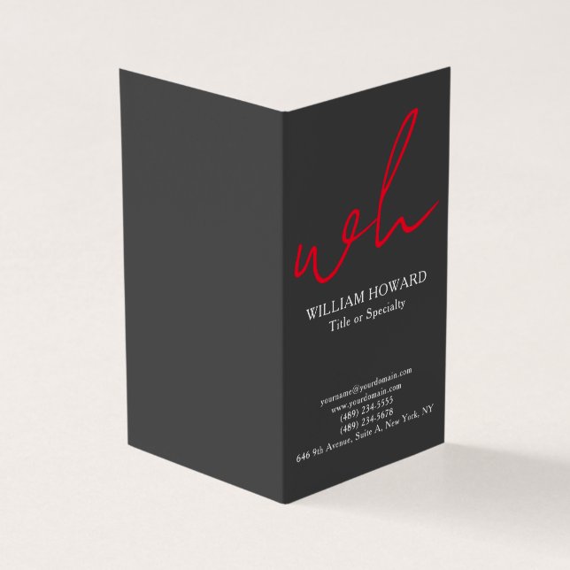 Stylish Vertical Modern Monogram Grey Red Business Card (Outside)