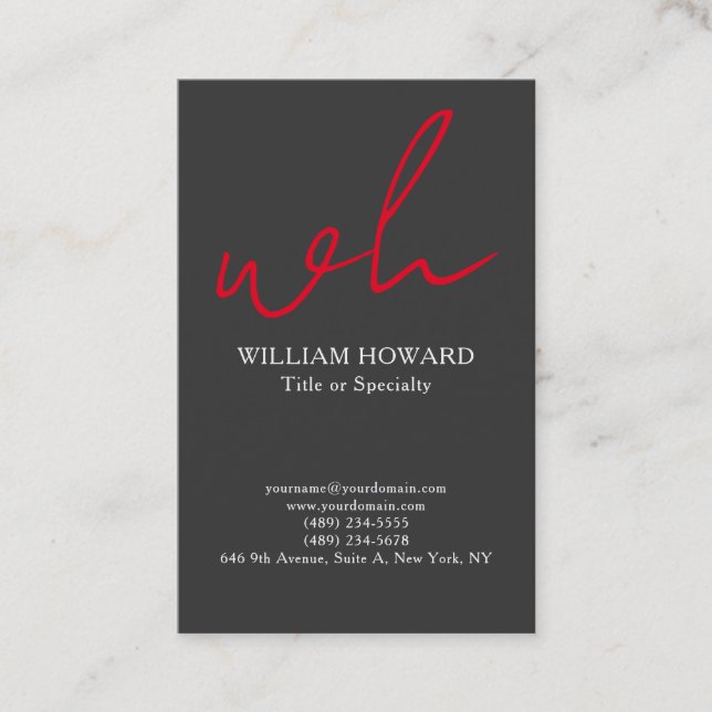 Stylish Vertical Modern Monogram Grey Red Business Card (Front)