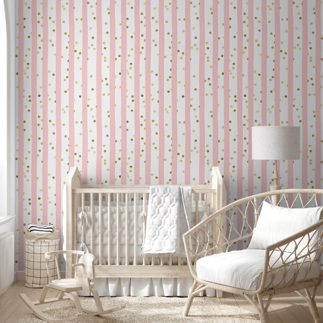 Stylish Vertical Pink Stripe and Gold Confetti  Wallpaper (Kids)