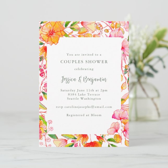Stylish Vibrant Pink Orange Floral Couples Shower Invitation (Standing Front)