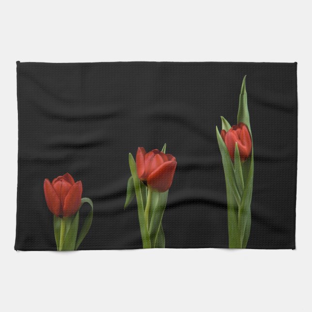 Stylish Vibrant Red Tulips On Black Kitchen Towel (Horizontal)