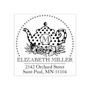 Stylish Vintage Antique Polka Dot & Floral Teapot Rubber Stamp