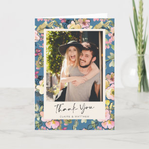 Stylish Vintage Blue Floral Personalised Photo Thank You Card