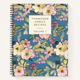 Stylish Vintage Blue Floral Personalised Recipe Notebook