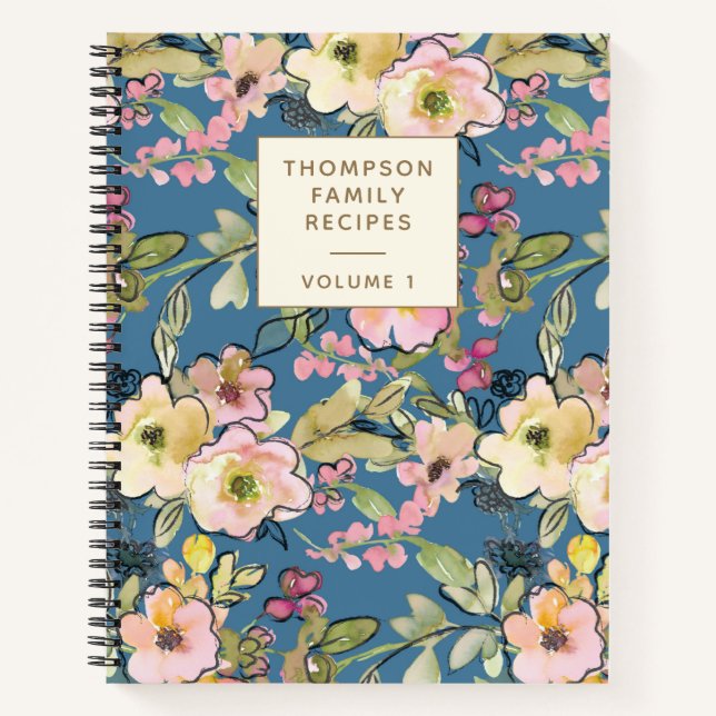 Stylish Vintage Blue Floral Personalised Recipe Notebook (Front)