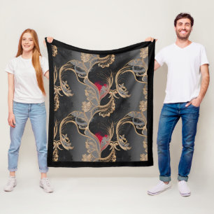 Stylish Vintage Floral Lace Pattern Red Black Gold Fleece Blanket