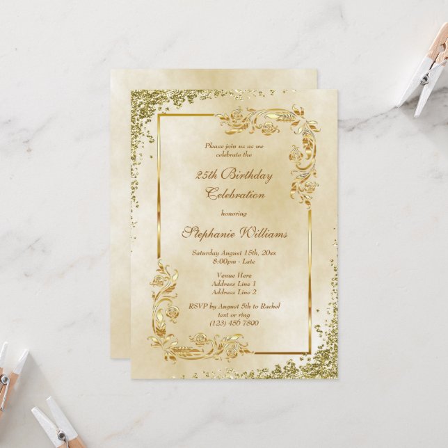 Stylish Vintage Gold Birthday Party Invitation (Front/Back In Situ)