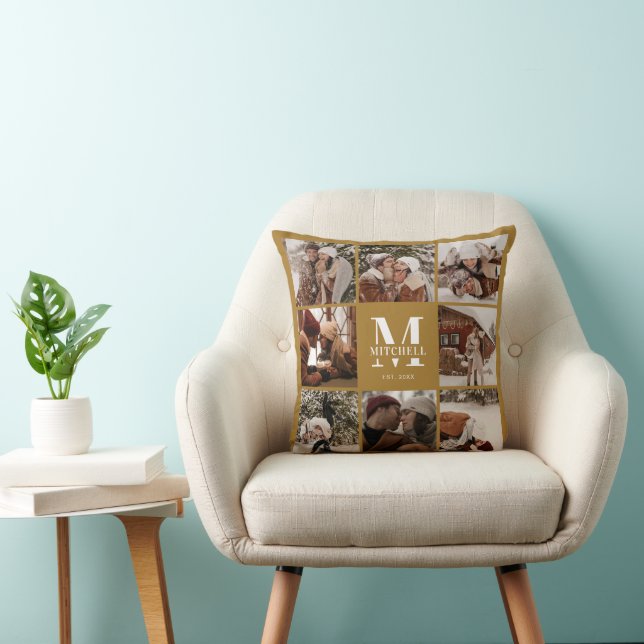 Stylish Vintage Gold Family Photo Collage Monogram Cushion (Chair)