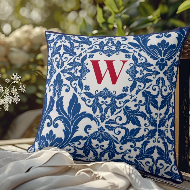 Stylish Vintage Navy Blue Damask Monogram Cushion (Creator Uploaded)