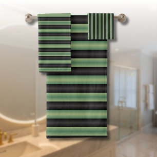 Stylish Vintage Olive Sage Green Black 3D Striped  Bath Towel Set