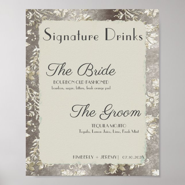 Stylish Vintage Pewter Wedding Signature Drinks Poster (Front)