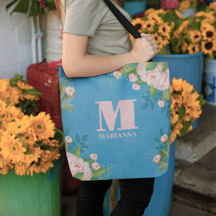 Stylish Vintage Pink Rose Monogram Simple Floral Tote Bag