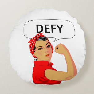 Stylish Vintage Strong Woman & Editable Defy Text  Round Cushion