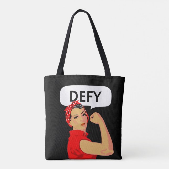 Stylish Vintage Strong Woman & Editable Defy Text Tote Bag (Back)