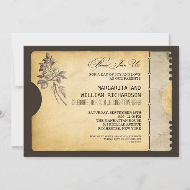 stylish vintage ticket wedding anniversary invitation (Front)
