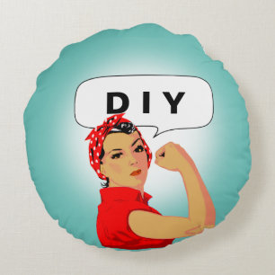 Stylish Vintage  Woman & DIY Text on Teal Round Cushion