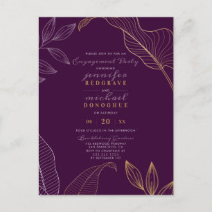 Stylish Violet Gold Sprigs Modern Engagement Party Invitation Postcard