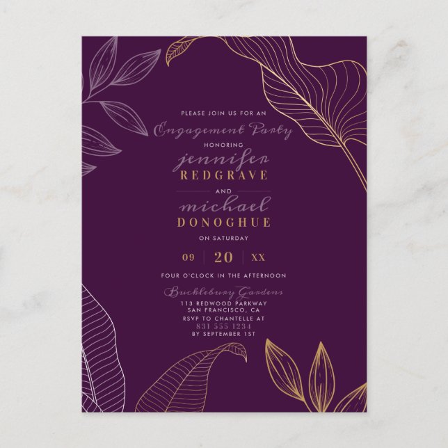 Stylish Violet Gold Sprigs Modern Engagement Party Invitation Postcard (Front)
