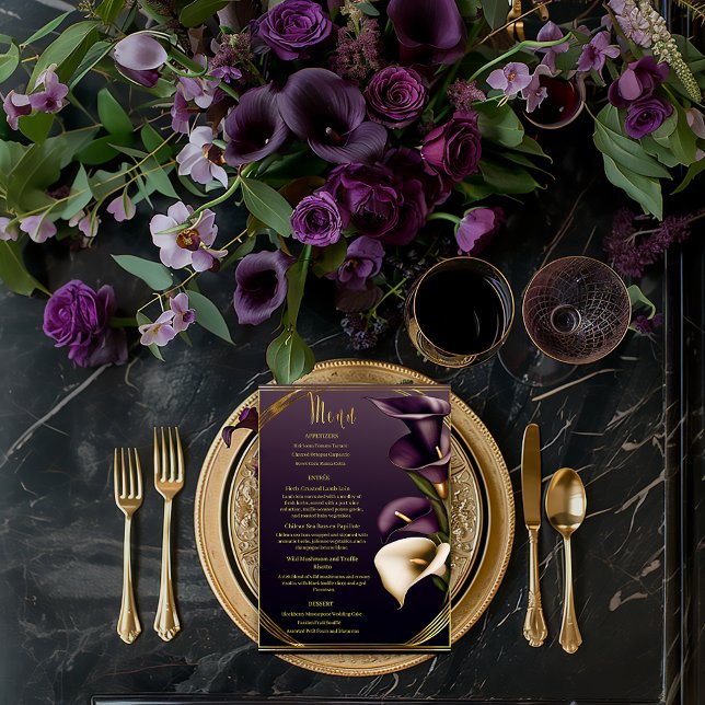 Stylish Violet Purple and Gold Calla Lily Wedding  Menu (Stunning Gold and Violet Purple Wedding Menu )