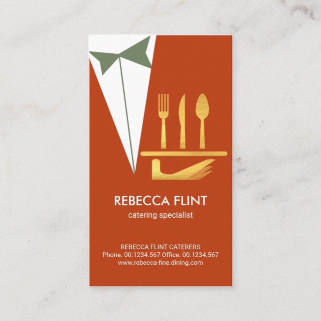 Stylish Waiter Butler Tuxedo Suit, Gold Cutlery Business Card (Front)