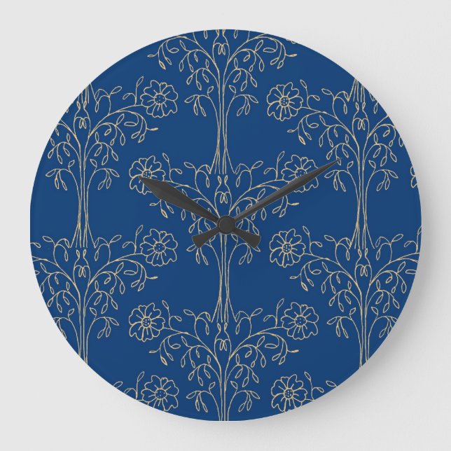 Stylish Wall Clock, Dark Blue, Gold-effect Pattern Large Clock (Front)