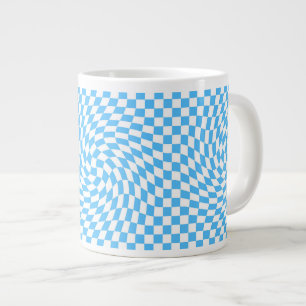 Stylish Warped Chequered Pattern Blue & White  Large Coffee Mug