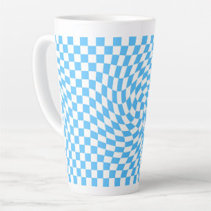 Stylish Warped Chequered Pattern Blue & White Latte Mug