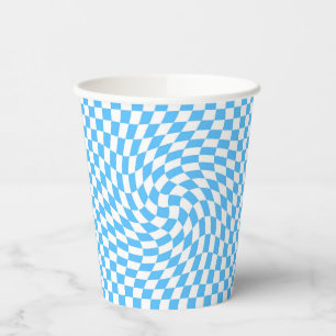 Stylish Warped Chequered Pattern Blue & White Paper Cups