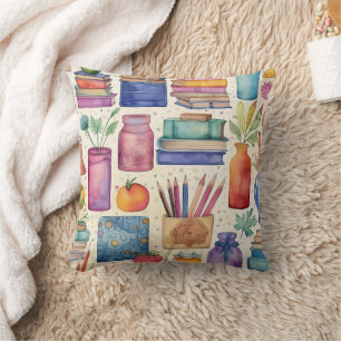 Stylish Watercolor Back to School Supplies Pattern Cushion