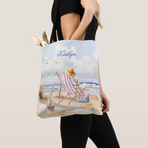 Stylish Watercolor Beach Monogram Name  Tote Bag