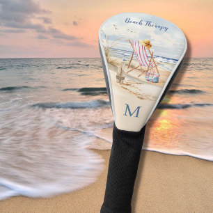 Stylish Watercolor Beach Ocean Monogram Golf Head Cover