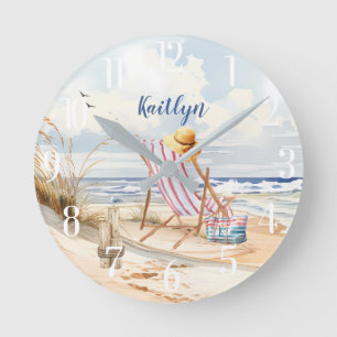 Stylish Watercolor Beach Ocean Monogram Round Clock
