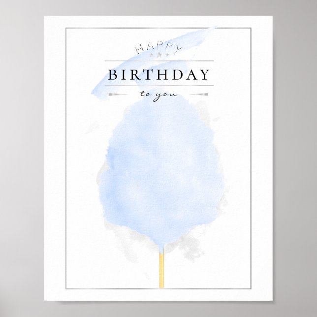Stylish Watercolor Blue Cotton Candy Birthday Poster (Front)