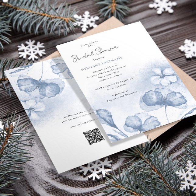 Stylish Watercolor Blue Floral QR Bridal Shower Invitation (Creator Uploaded)