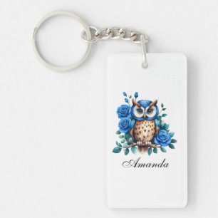 Stylish Watercolor Blue Owl and Roses Key Ring