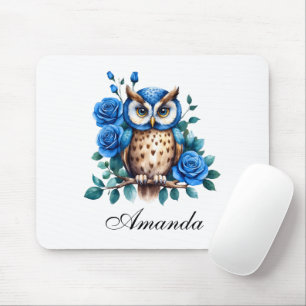 Stylish Watercolor Blue Owl and Roses Mouse Mat