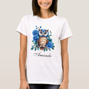 Stylish Watercolor Blue Owl and Roses T-Shirt