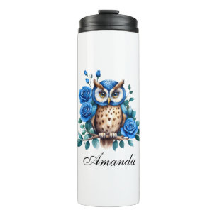 Stylish Watercolor Blue Owl and Roses Thermal Tumbler